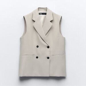 NWT. Zara Light Gray Viscose Blend Double Breasted Lapel Collar Vest. Size M.